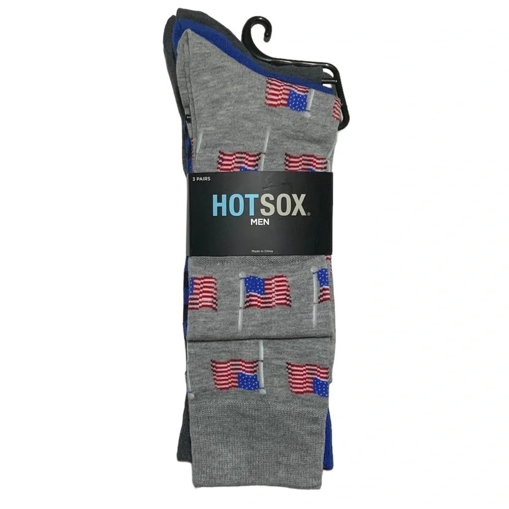 Hot Sox 3 Pack Flag Patriotic Theme Novelty Dress Crew Socks Gift Men’s Unisex